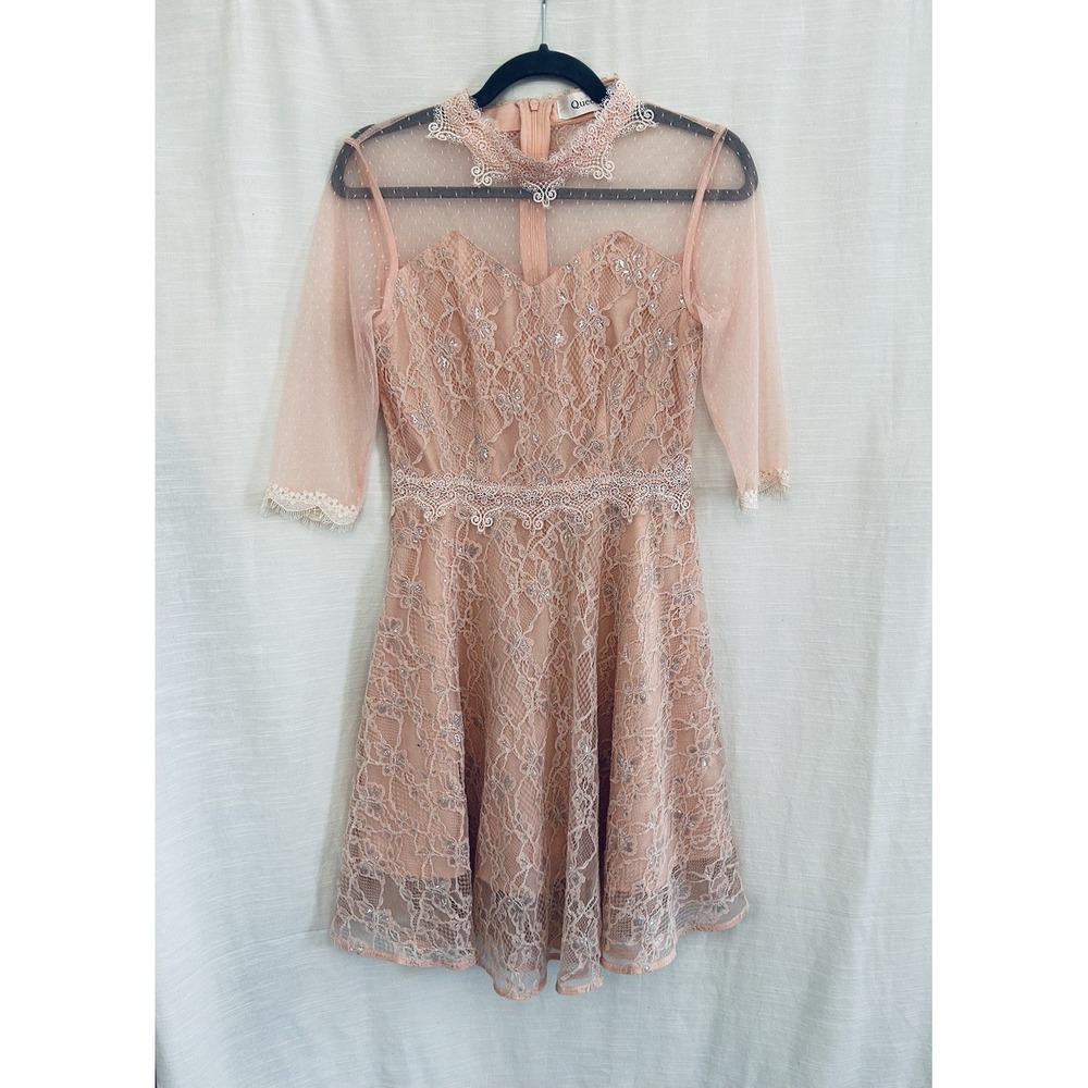 Queenia Mock Neck Pink Lace Vintage Inspired Full Skirt Dress‎